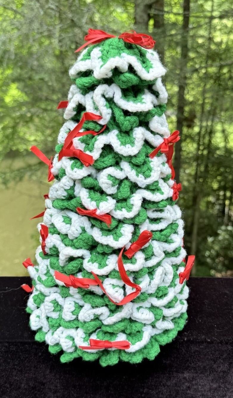 Vtg Crochet Christmas Tree 13" Handmade MCM Tabletop Centerpiece EUC